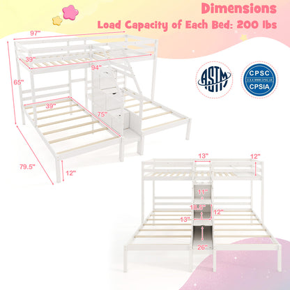 Twin Over Twin and Twin Bunk Bed with Storage Staircase and Guardrail for 3 Kids Teens, White Bunk Bed Frame at Gallery Canada