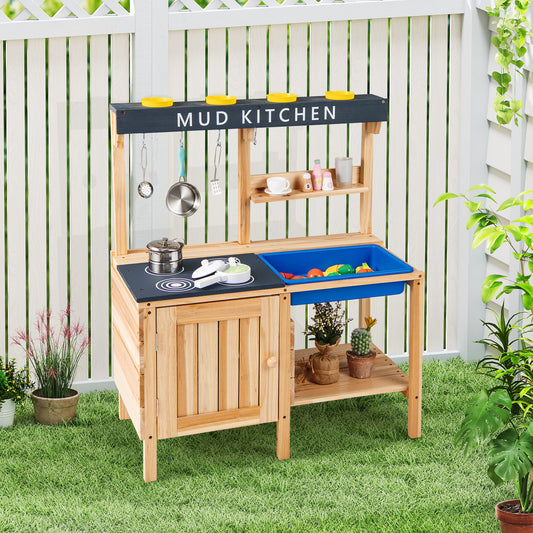 Outdoor Mud Kids Kitchen Playset Wooden Pretend Play Toy with Kitchenware, Natural Play Kitchen Sets Natural at Gallery Canada