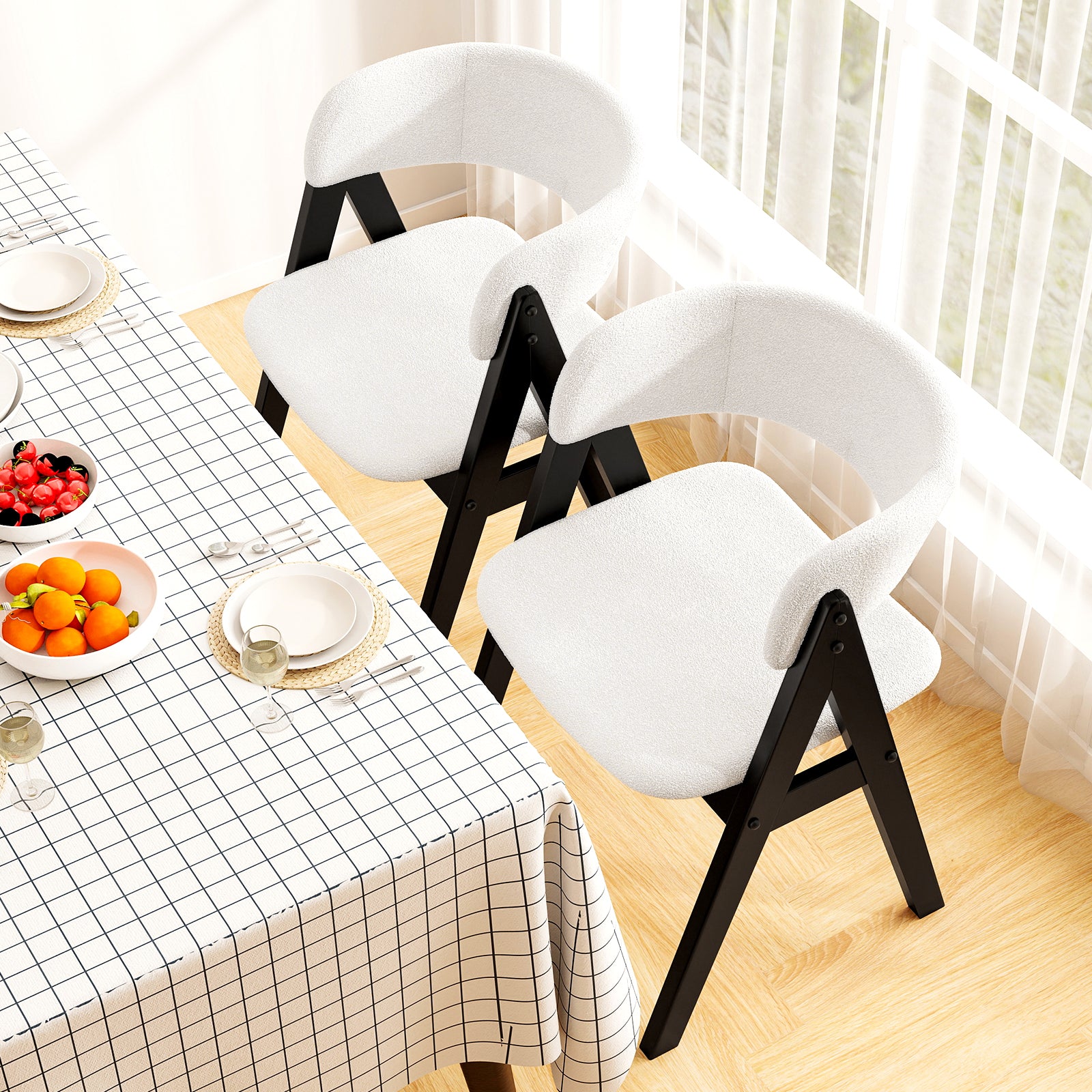 Wooden Dining Chair Set of 4 Mid-Century Modern Sherpa Upholstered Kitchen Dining Room Chairs, Black Dining Chairs at Gallery Canada