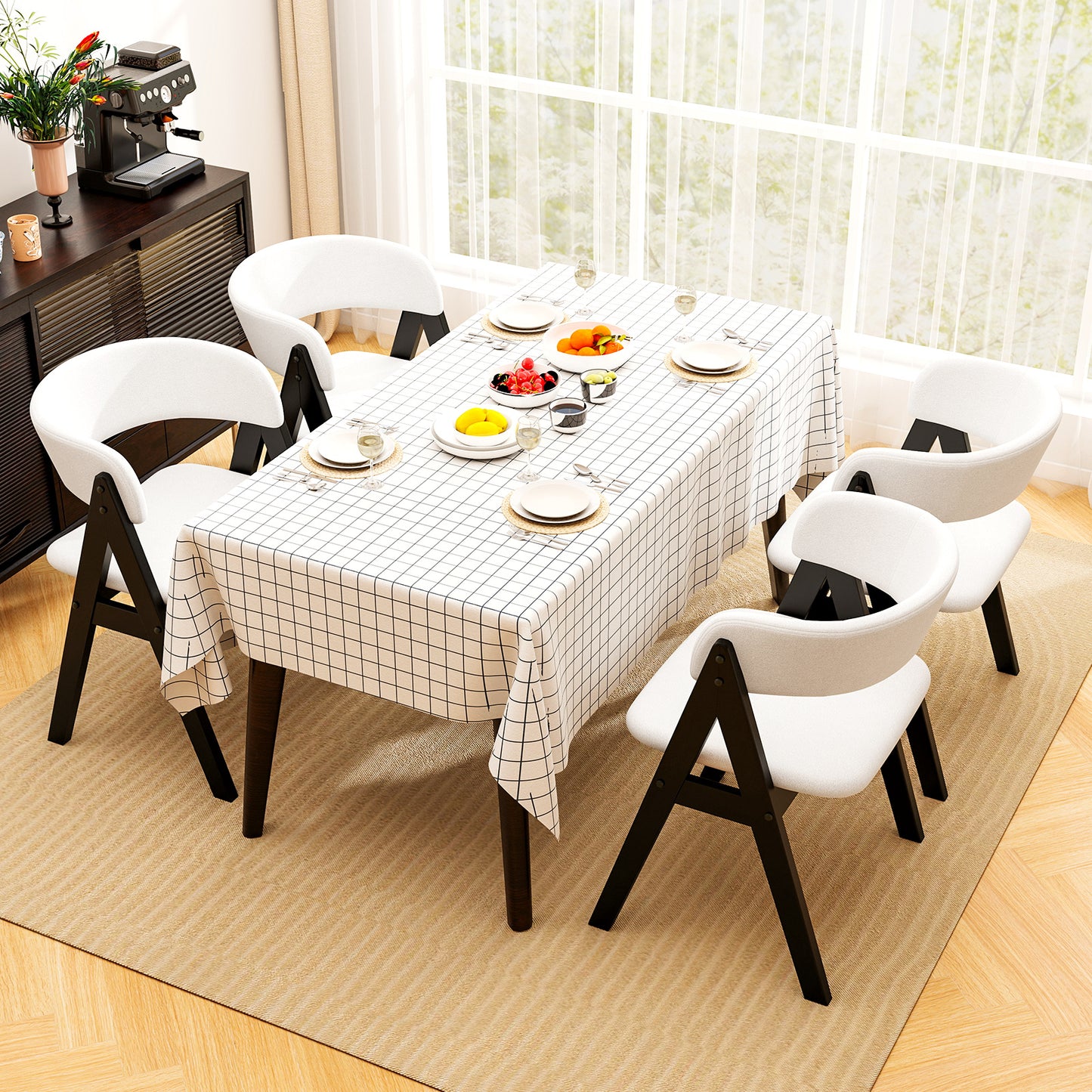 Wooden Dining Chair Set of 4 Mid-Century Modern Sherpa Upholstered Kitchen Dining Room Chairs, Black Dining Chairs at Gallery Canada