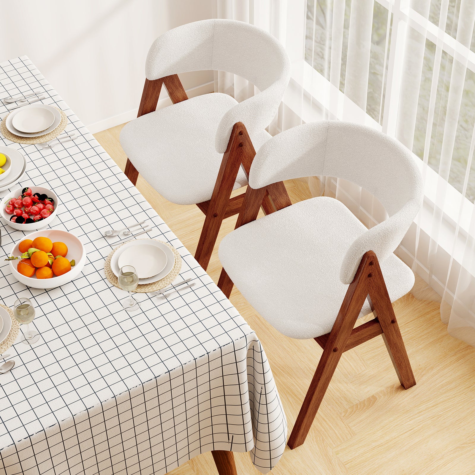 Wooden Dining Chair Set of 4 Mid-Century Modern Sherpa Upholstered Kitchen Dining Room Chairs, Walnut Dining Chairs at Gallery Canada