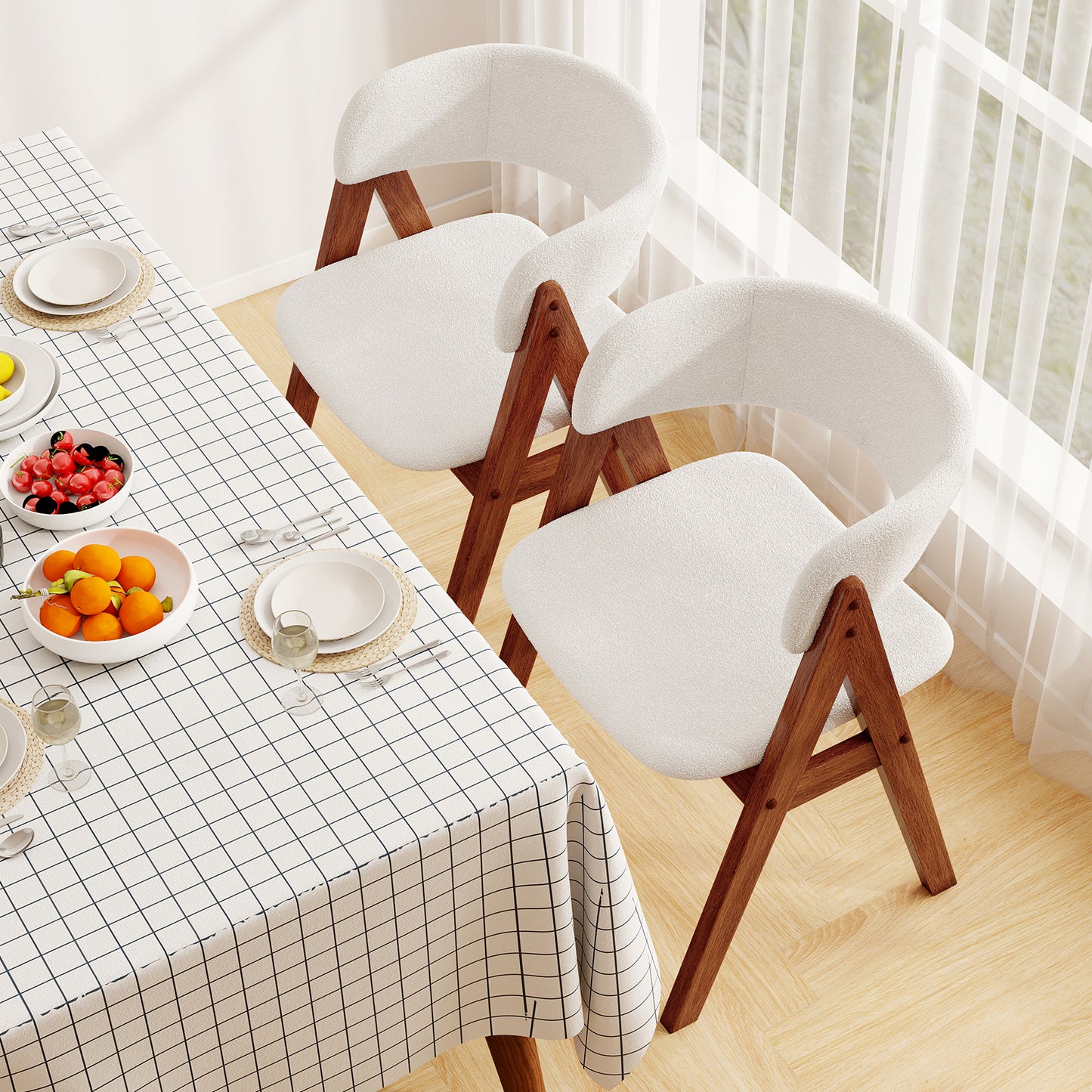 Wooden Dining Chair Set of 4 Mid-Century Modern Sherpa Upholstered Kitchen Dining Room Chairs, Walnut Dining Chairs at Gallery Canada