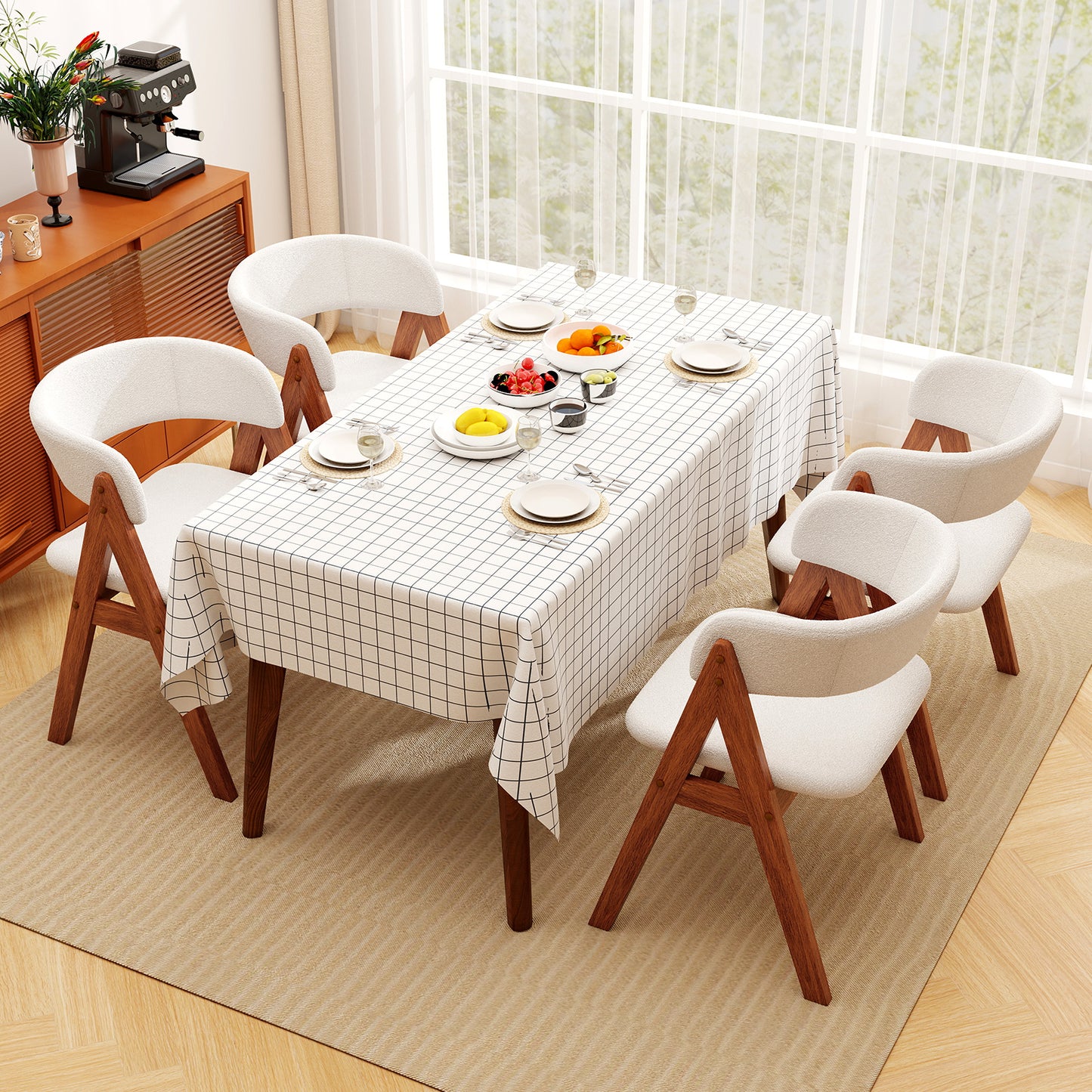 Wooden Dining Chair Set of 4 Mid-Century Modern Sherpa Upholstered Kitchen Dining Room Chairs, Walnut Dining Chairs at Gallery Canada