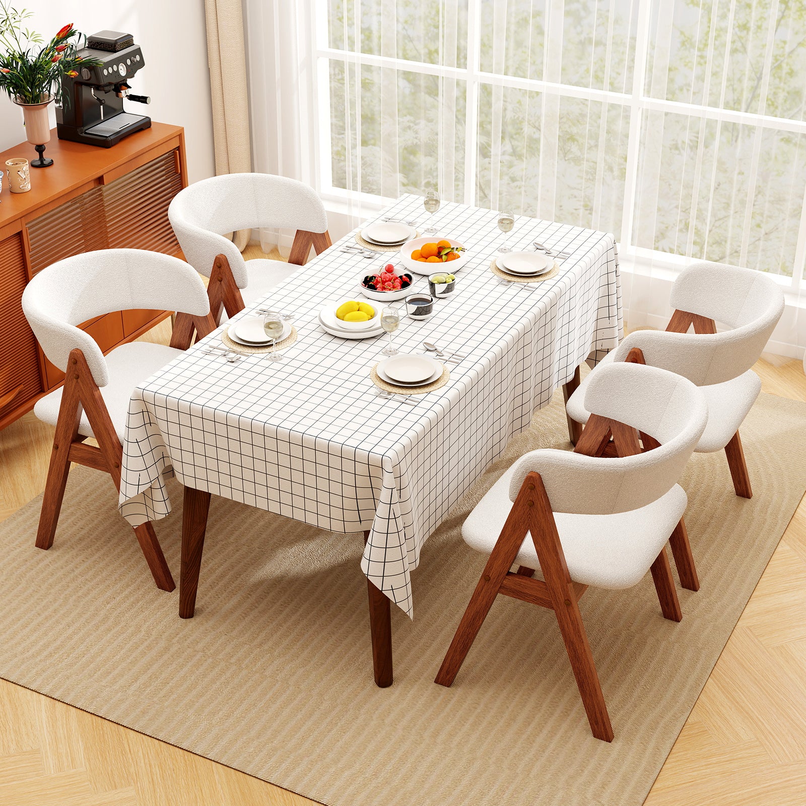 Wooden Dining Chair Set of 4 Mid-Century Modern Sherpa Upholstered Kitchen Dining Room Chairs, Walnut Dining Chairs at Gallery Canada