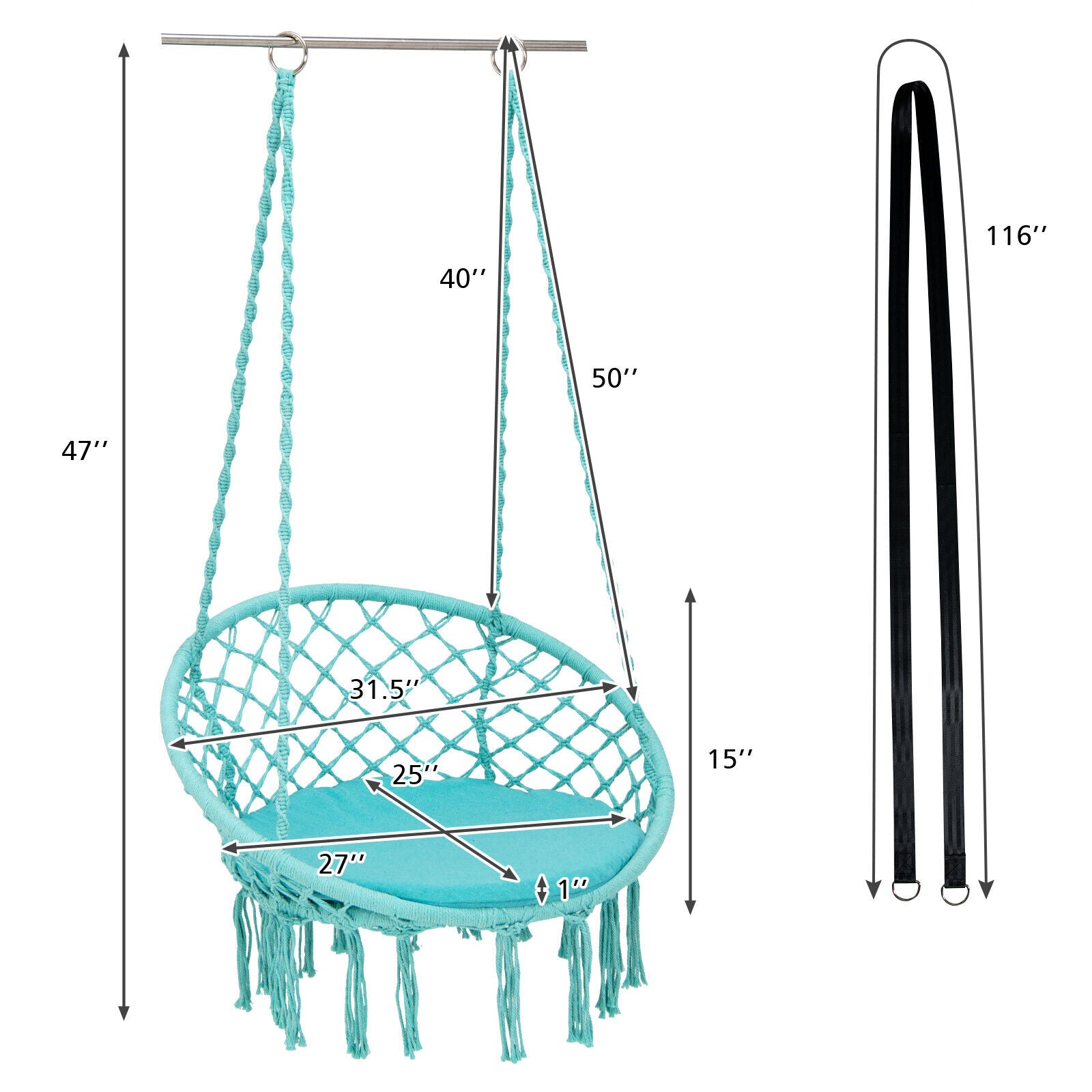 Cushioned Hammock Swing Chair with Hanging Kit, Turquoise Hammocks at Gallery Canada