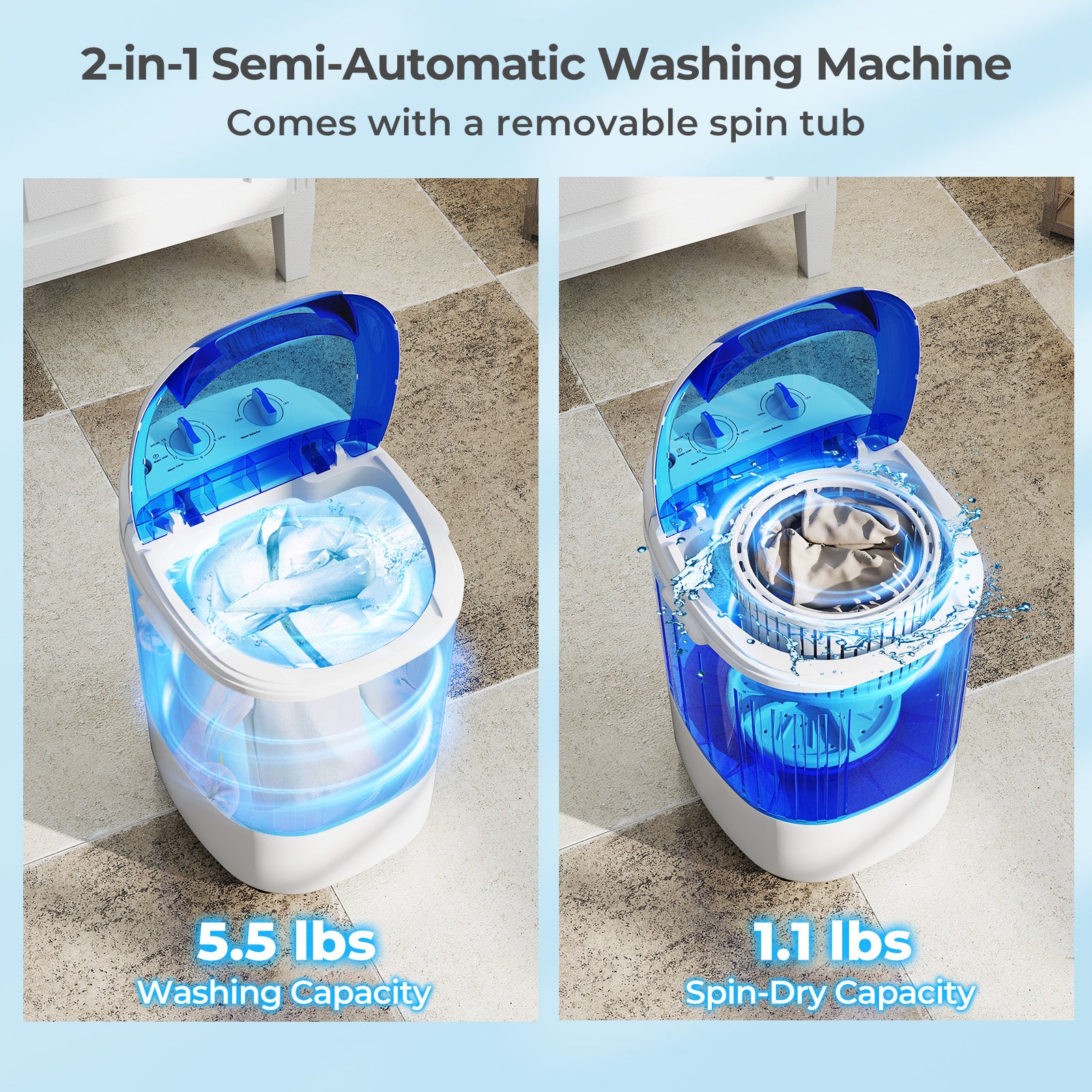 Portable Mini Semi-automatic Washing Machine with Spin Tub and Drain Hose 2.5 kg Capacity, Blue Washing Machines at Gallery Canada