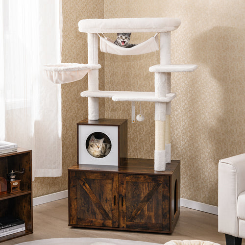 Cat Tree with Litter Box Enclosure for Indoor Cats, Rustic Brown