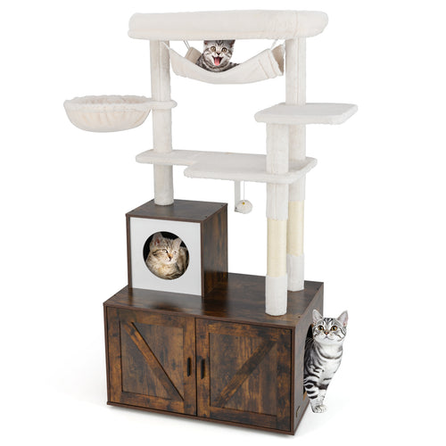Cat Tree with Litter Box Enclosure for Indoor Cats, Rustic Brown