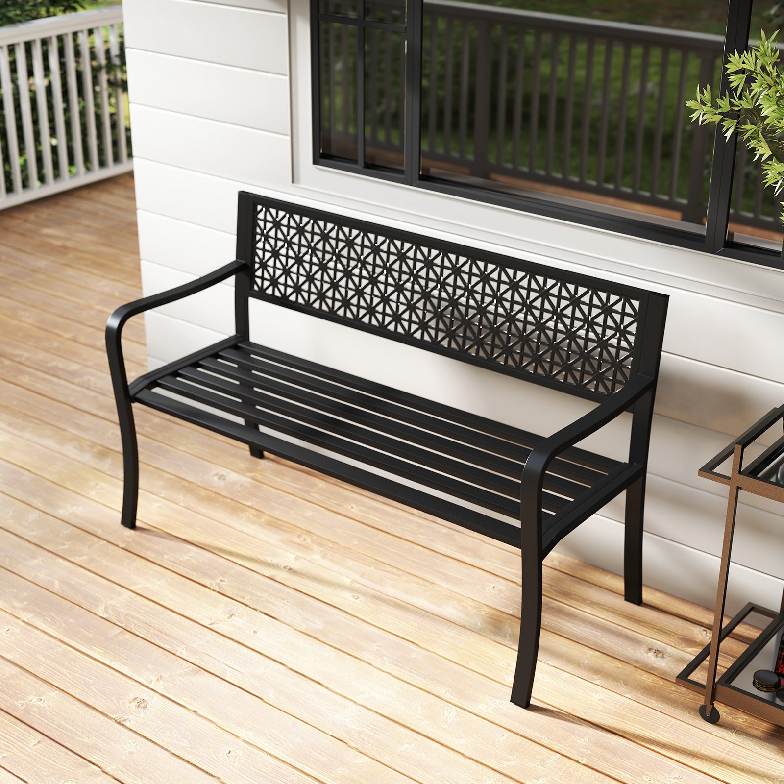 50 Inch Garden Bench with Patterned Backrest and Curved Armrests for 2-3 Person, Black Outdoor Benches at Gallery Canada