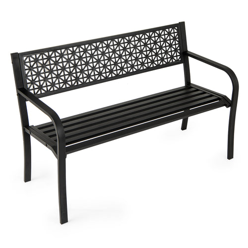 50 Inch Garden Bench, Patterned Backrest, Curved Armrests, Black