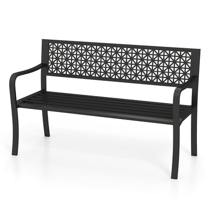 50 Inch Garden Bench with Patterned Backrest and Curved Armrests for 2-3 Person, Black Outdoor Benches at Gallery Canada
