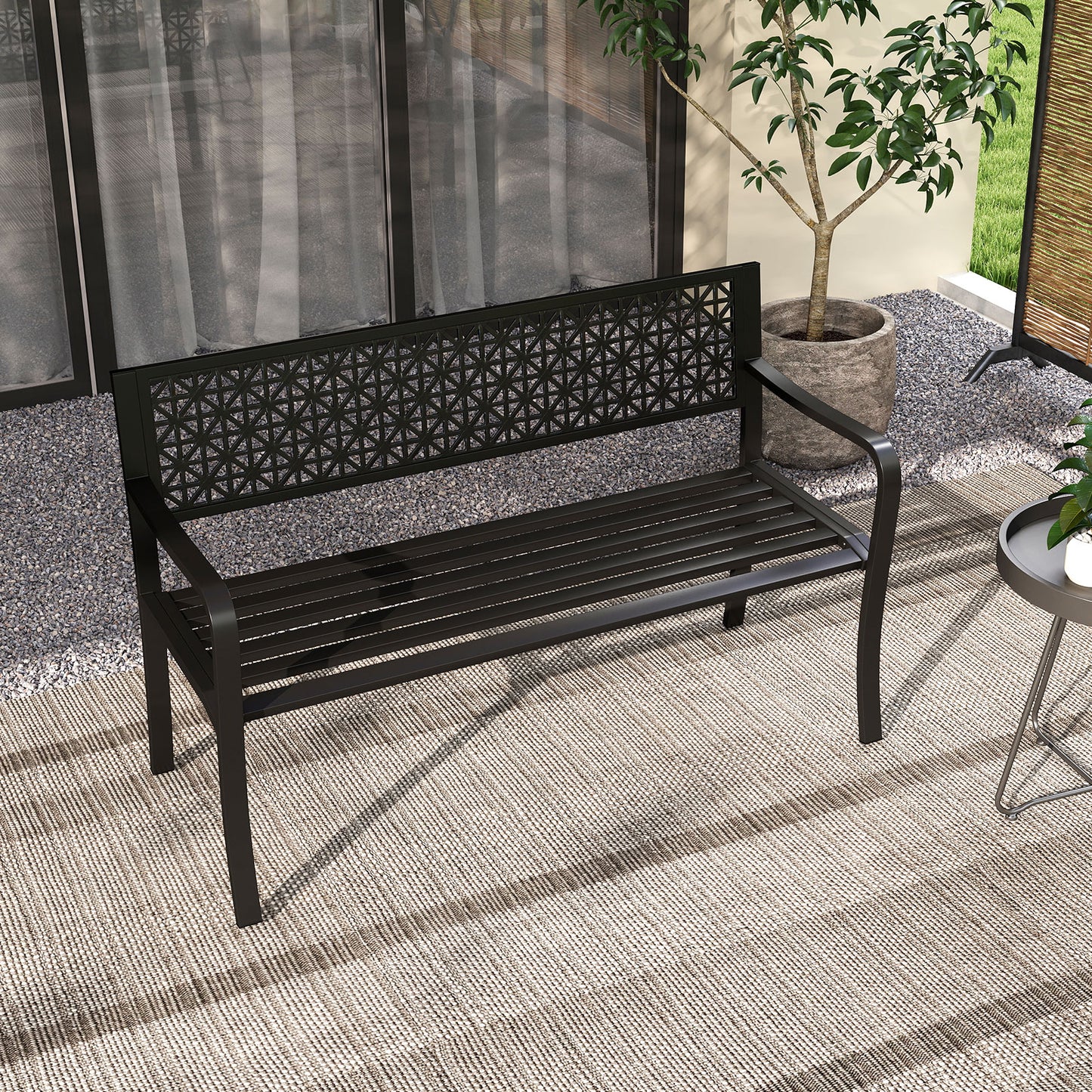 50 Inch Garden Bench with Patterned Backrest and Curved Armrests for 2-3 Person, Black Outdoor Benches at Gallery Canada