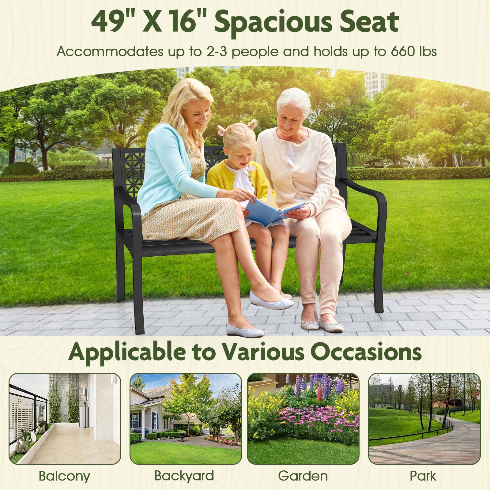 50 Inch Garden Bench with Patterned Backrest and Curved Armrests for 2-3 Person, Black Outdoor Benches at Gallery Canada