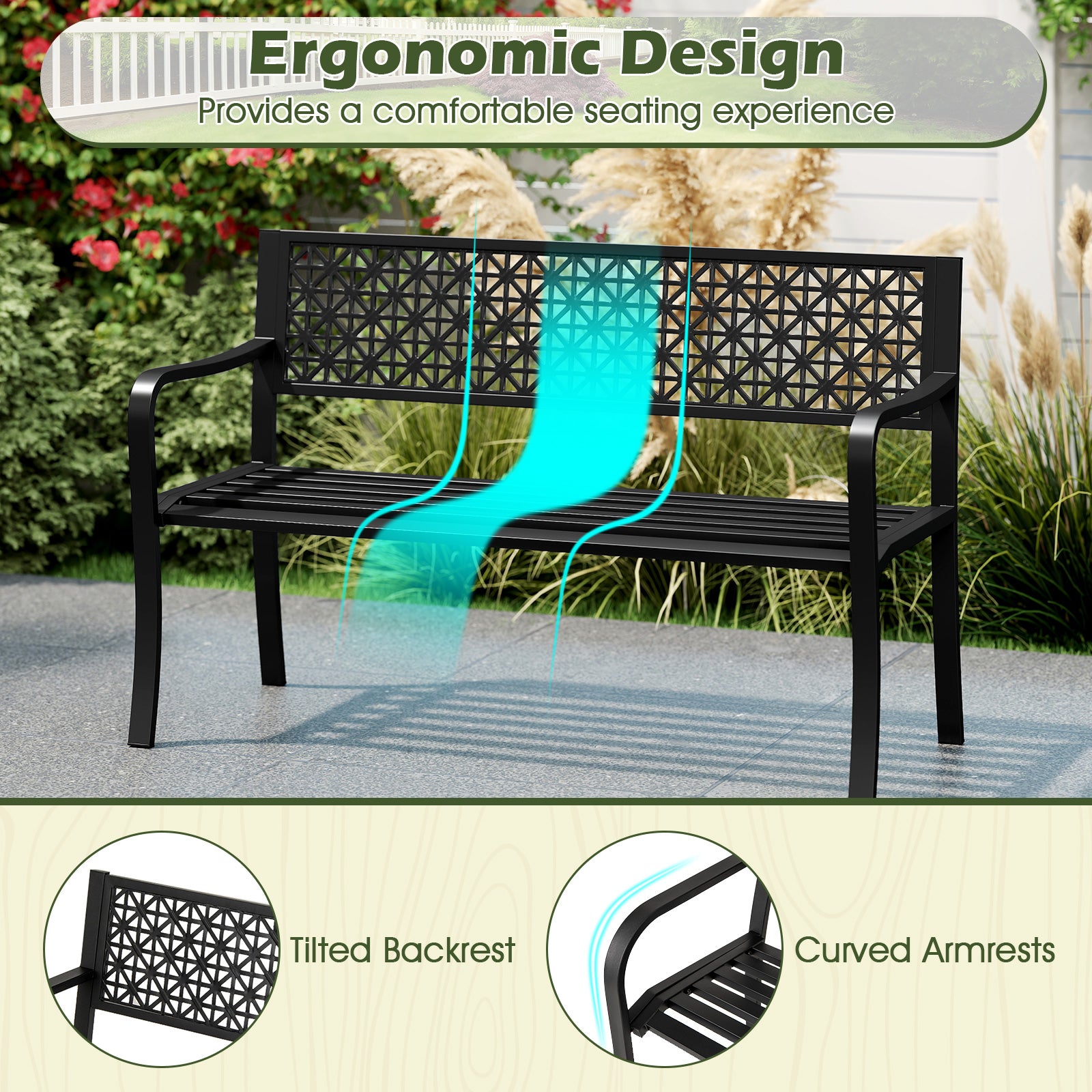50 Inch Garden Bench with Patterned Backrest and Curved Armrests for 2-3 Person, Black Outdoor Benches at Gallery Canada