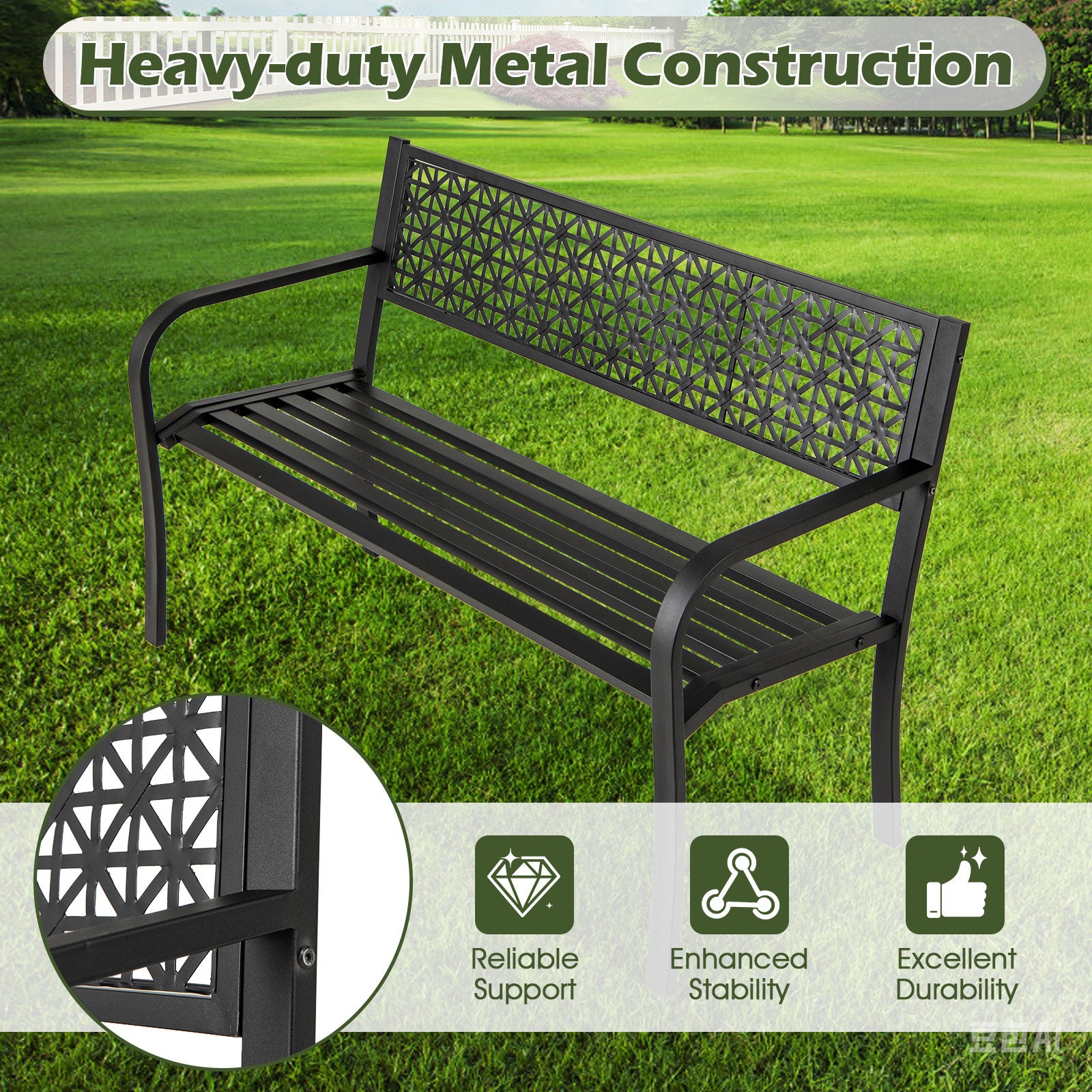 50 Inch Garden Bench with Patterned Backrest and Curved Armrests for 2-3 Person, Black Outdoor Benches at Gallery Canada