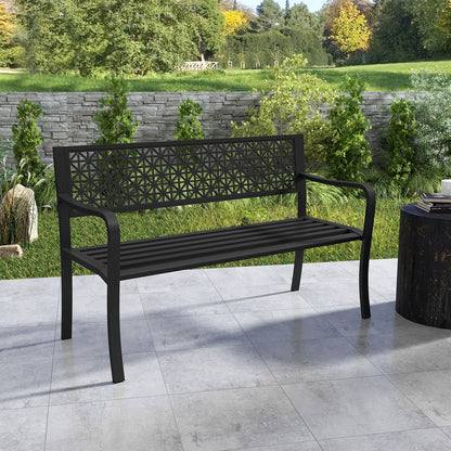 50 Inch Garden Bench with Patterned Backrest and Curved Armrests for 2-3 Person, Black Outdoor Benches at Gallery Canada