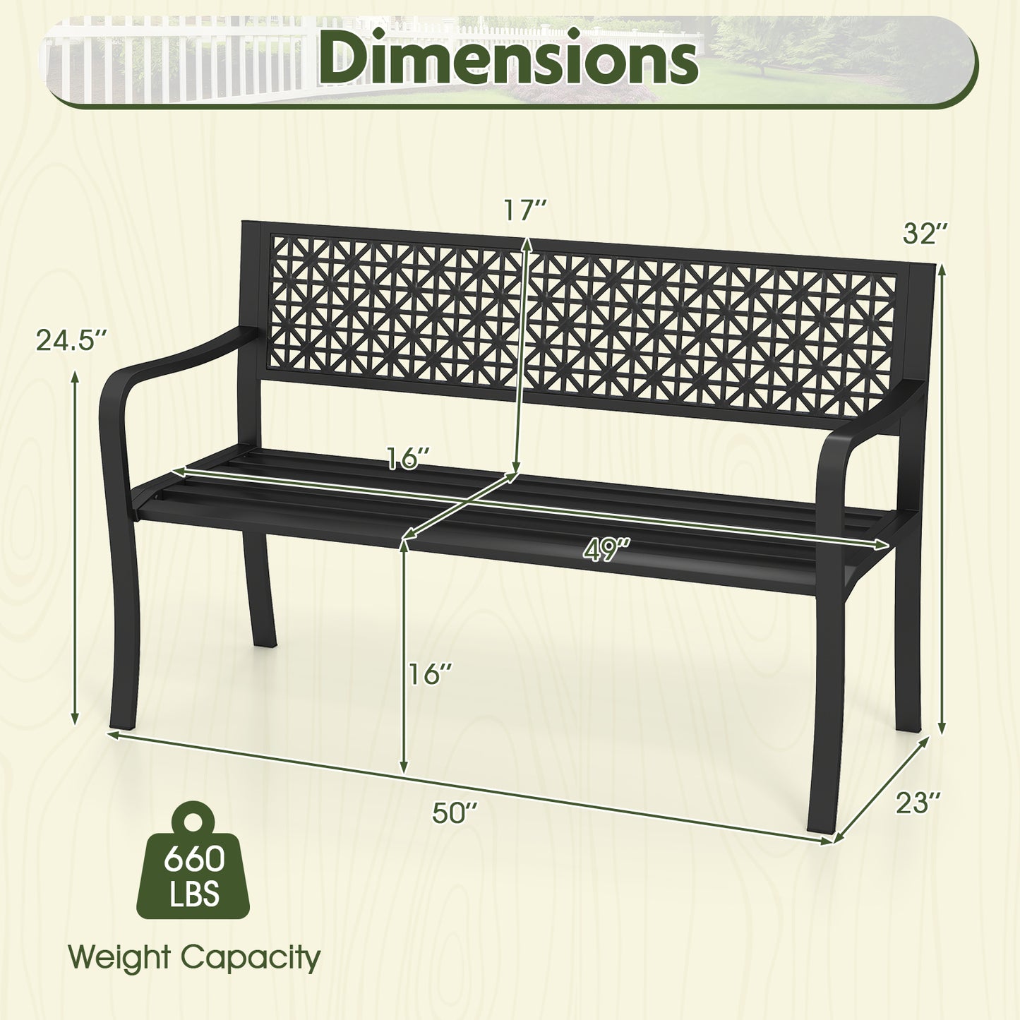 50 Inch Garden Bench with Patterned Backrest and Curved Armrests for 2-3 Person, Black Outdoor Benches at Gallery Canada