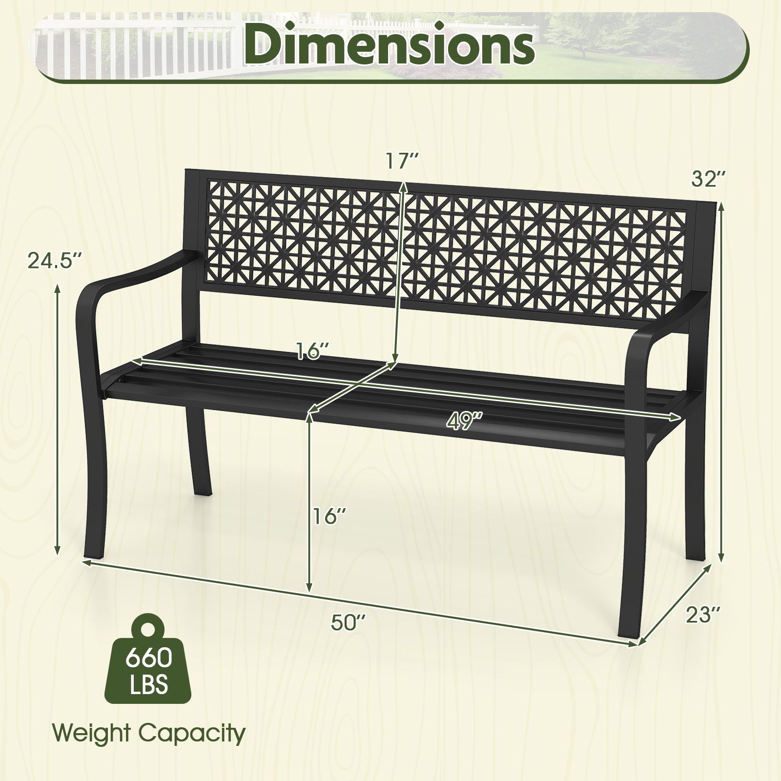 50 Inch Garden Bench with Patterned Backrest and Curved Armrests for 2-3 Person, Black Outdoor Benches at Gallery Canada