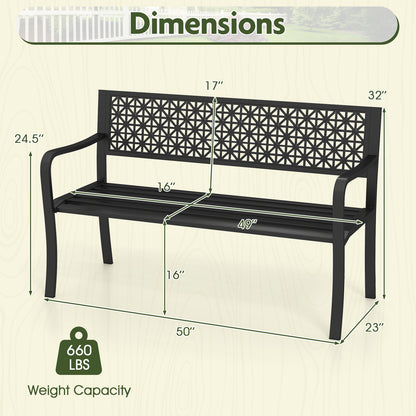 50 Inch Garden Bench with Patterned Backrest and Curved Armrests for 2-3 Person, Black Outdoor Benches at Gallery Canada
