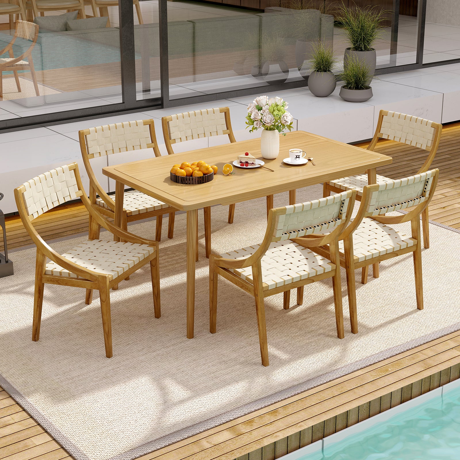 Outdoor Dining Chair with Webbing Seat and Backrest, Natural Patio Dining Chairs at Gallery Canada