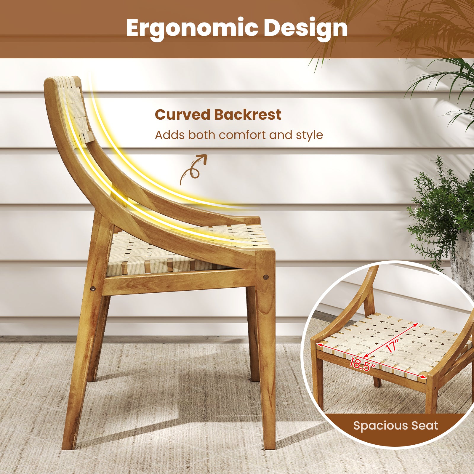 Outdoor Dining Chair with Webbing Seat and Backrest, Natural Patio Dining Chairs at Gallery Canada