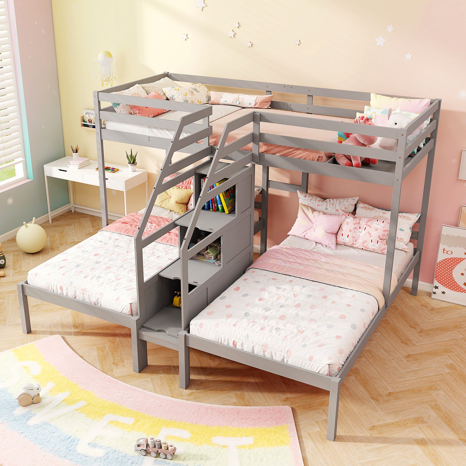 Twin Over Twin and Twin Bunk Bed with Storage Staircase and Guardrail for 3 Kids Teens, Gray Bunk Bed Frame at Gallery Canada