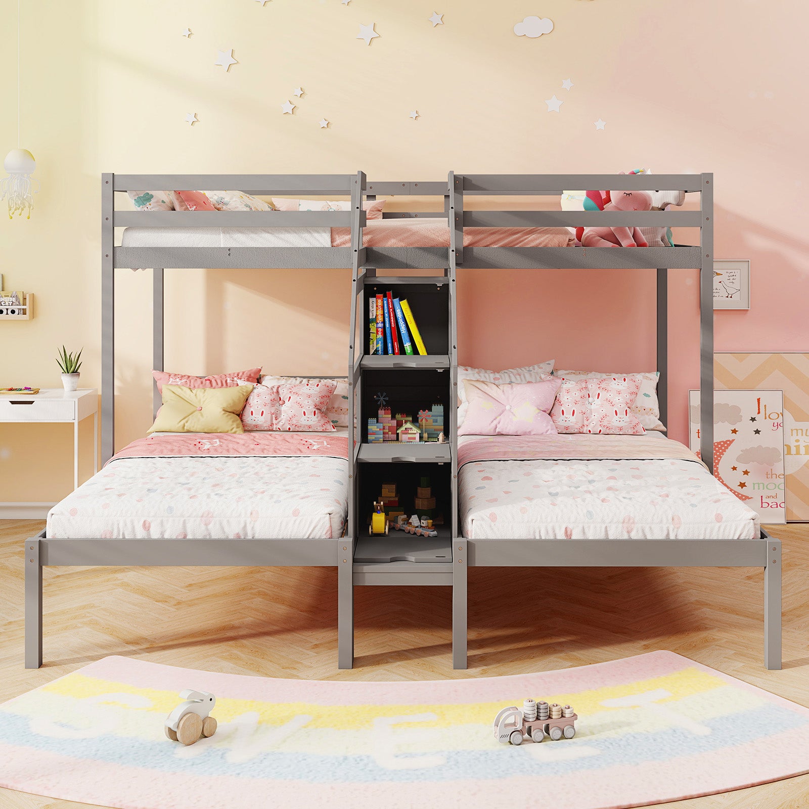 Twin Over Twin and Twin Bunk Bed with Storage Staircase and Guardrail for 3 Kids Teens, Gray Bunk Bed Frame at Gallery Canada