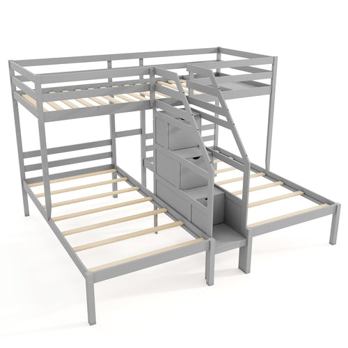 Twin Over Twin and Twin Bunk Bed with Storage Staircase and Guardrail for 3 Kids Teens, Gray