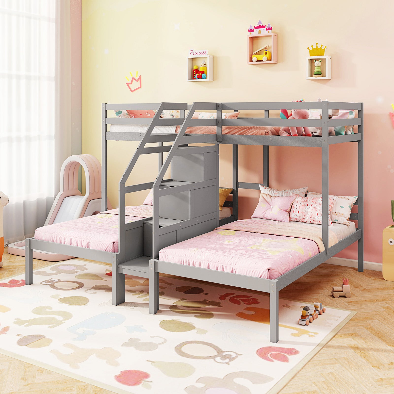Twin Over Twin and Twin Bunk Bed with Storage Staircase and Guardrail for 3 Kids Teens, Gray Bunk Bed Frame at Gallery Canada