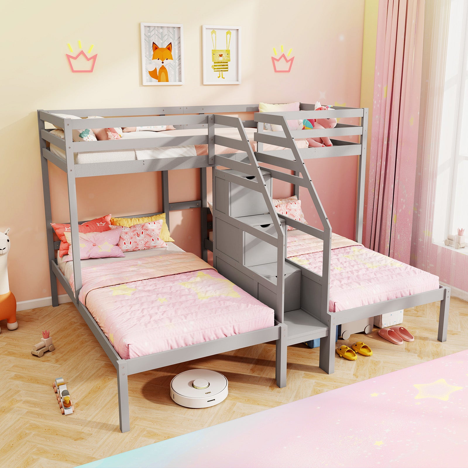 Twin Over Twin and Twin Bunk Bed with Storage Staircase and Guardrail for 3 Kids Teens, Gray Bunk Bed Frame at Gallery Canada