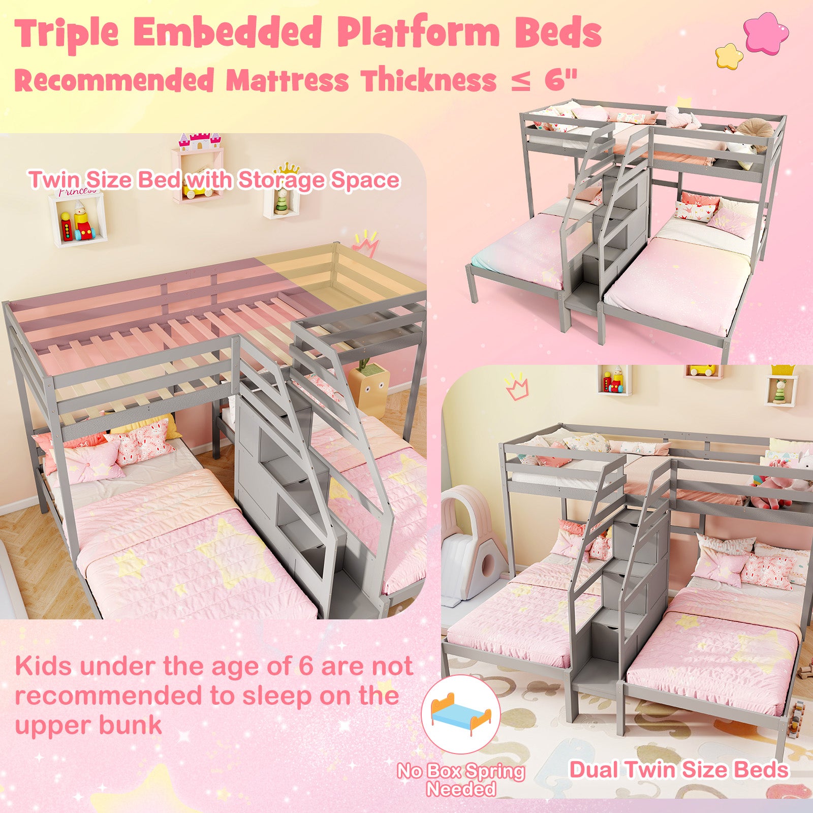 Twin Over Twin and Twin Bunk Bed with Storage Staircase and Guardrail for 3 Kids Teens, Gray Bunk Bed Frame at Gallery Canada