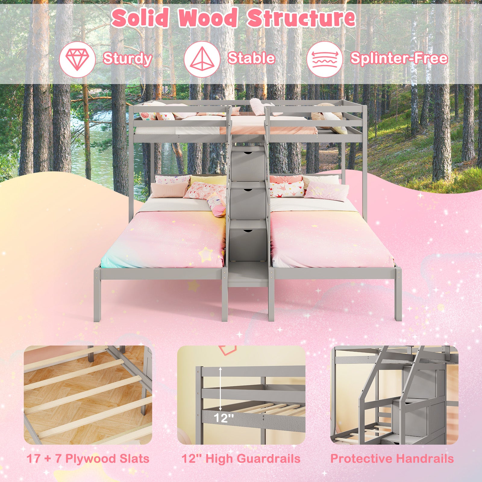 Twin Over Twin and Twin Bunk Bed with Storage Staircase and Guardrail for 3 Kids Teens, Gray Bunk Bed Frame at Gallery Canada