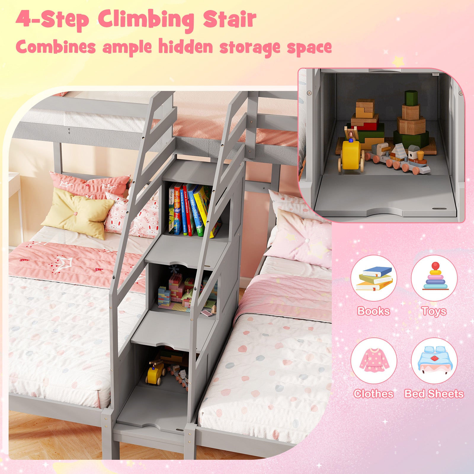 Twin Over Twin and Twin Bunk Bed with Storage Staircase and Guardrail for 3 Kids Teens, Gray Bunk Bed Frame at Gallery Canada