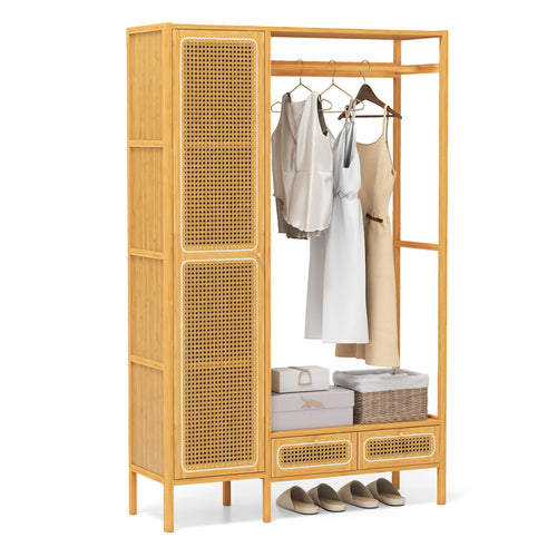 Bamboo Clothing Rack with Cabinet and Drawers and Hanging Rod, Natural