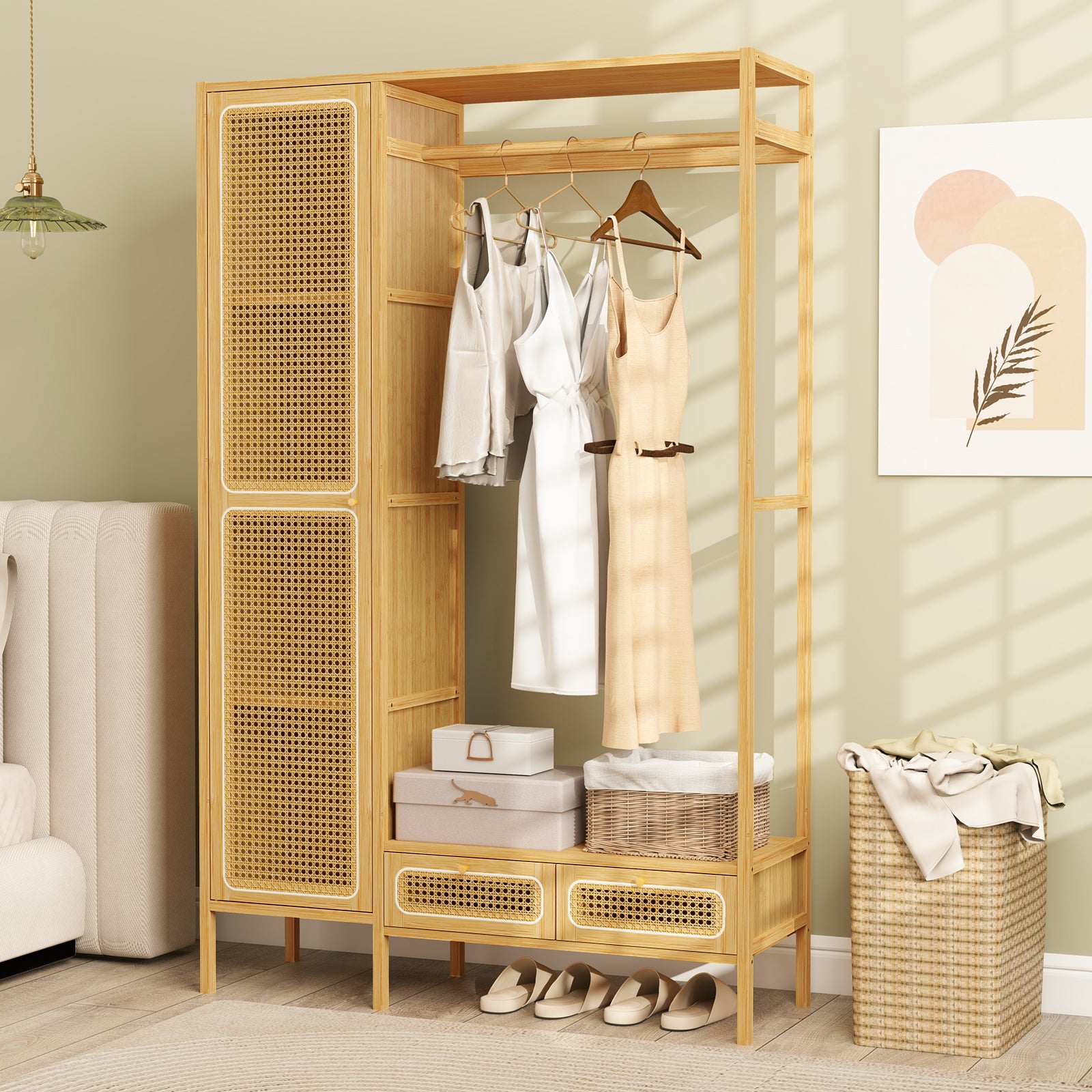 Bamboo Clothing Rack with Cabinet and Drawers and Hanging Rod, Natural Clothing & Closet Storage at Gallery Canada