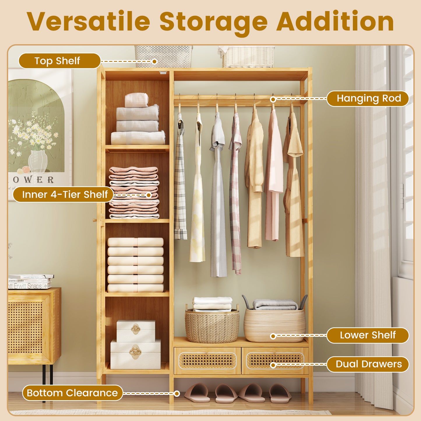 Bamboo Clothing Rack with Cabinet and Drawers and Hanging Rod, Natural Clothing & Closet Storage at Gallery Canada