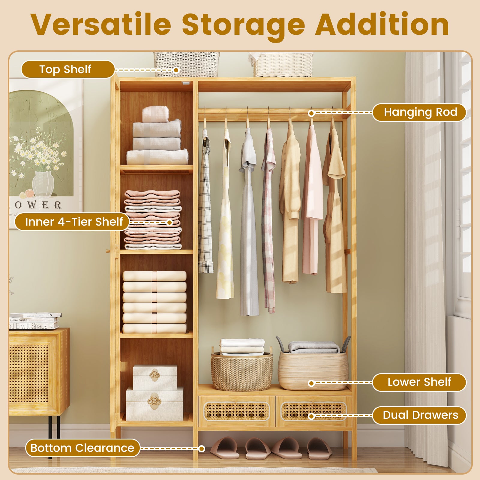 Bamboo Clothing Rack with Cabinet and Drawers and Hanging Rod, Natural Clothing & Closet Storage at Gallery Canada