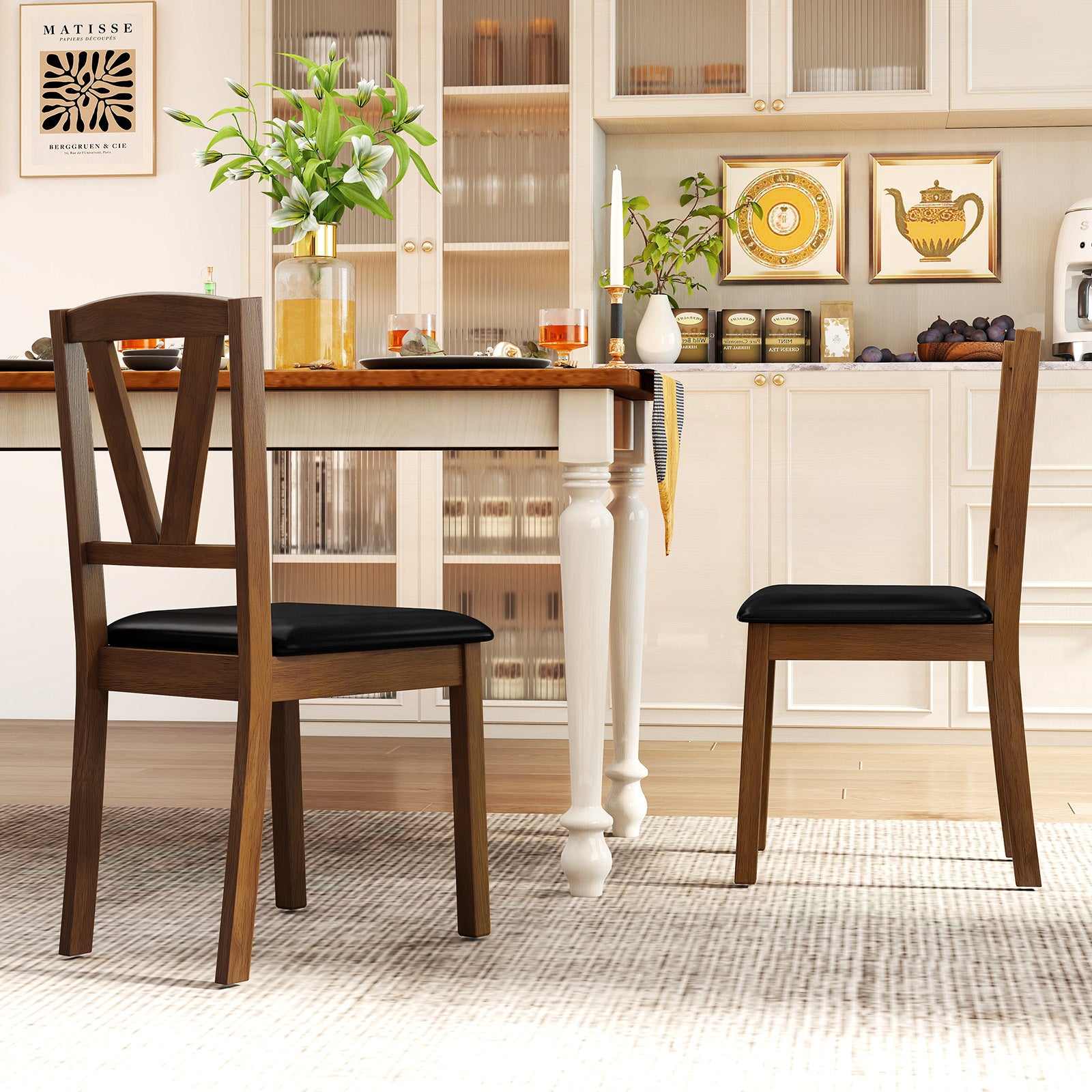 Wooden Dining Chair Set of 2 with PU Leather Upholstered and Rubber Wood Frame, Brown Dining Chairs at Gallery Canada