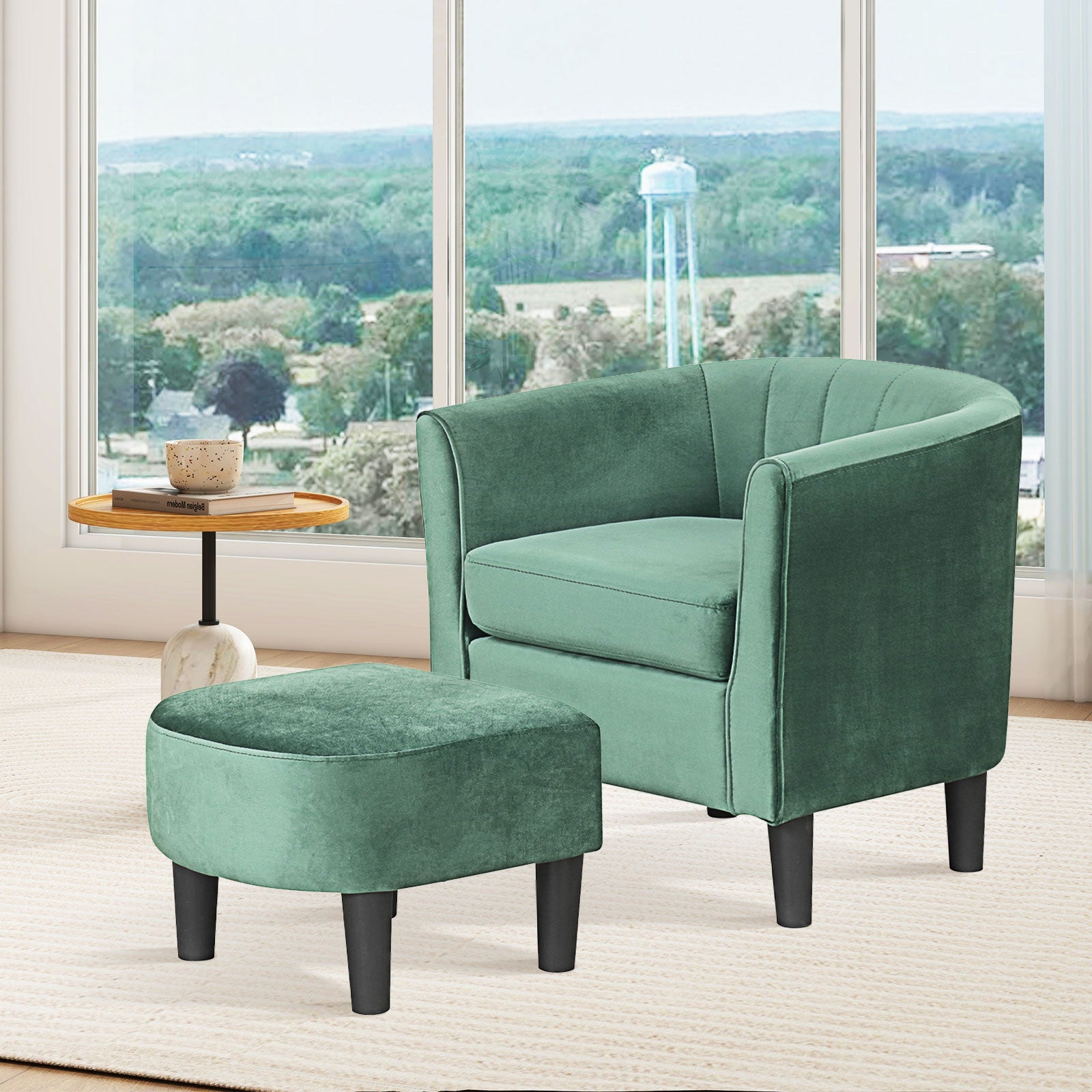 Upholstered Teddy Velvet Club Barrel Chair with Ottoman with Footrest, Green Accent Chairs at Gallery Canada