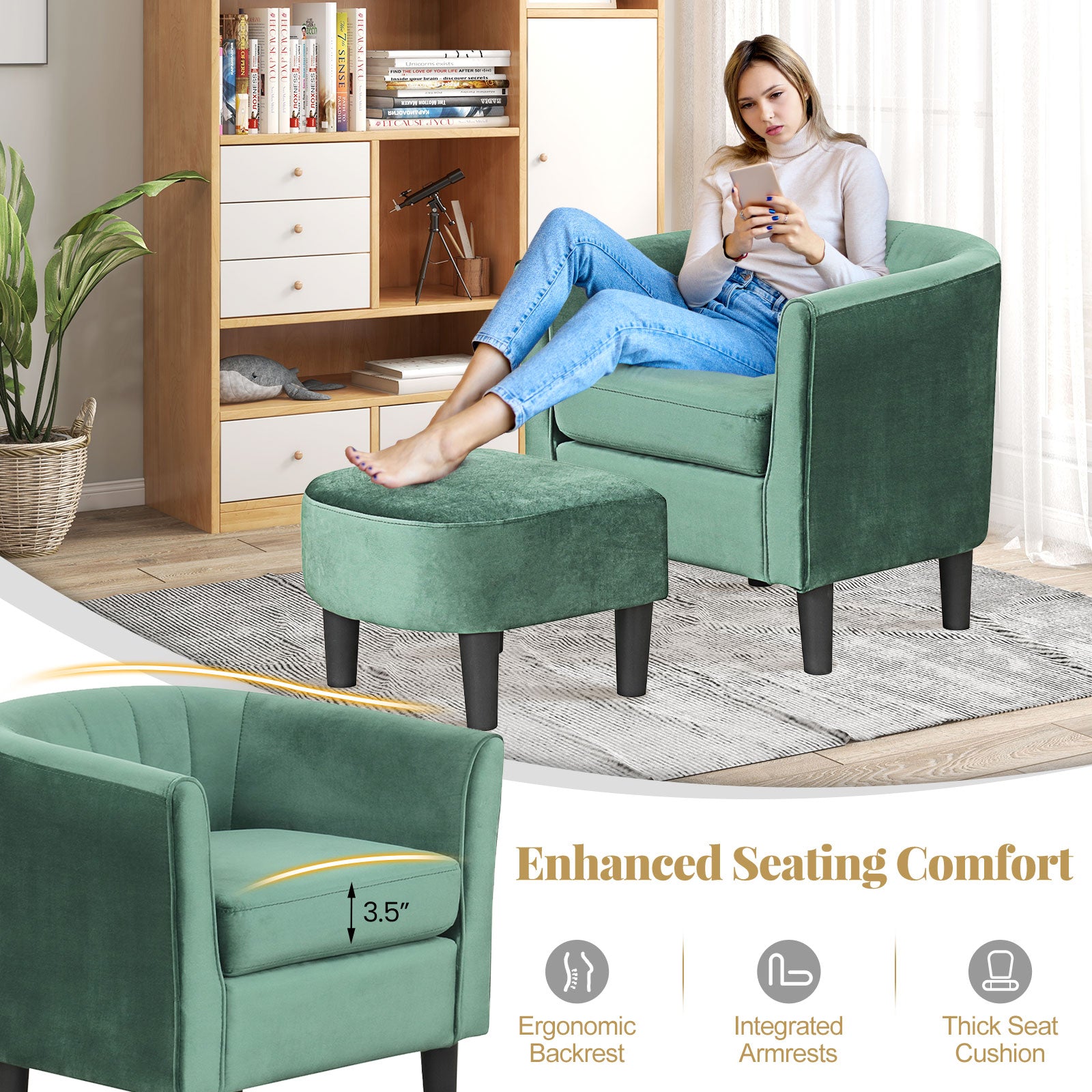 Upholstered Teddy Velvet Club Barrel Chair with Ottoman with Footrest, Green Accent Chairs at Gallery Canada