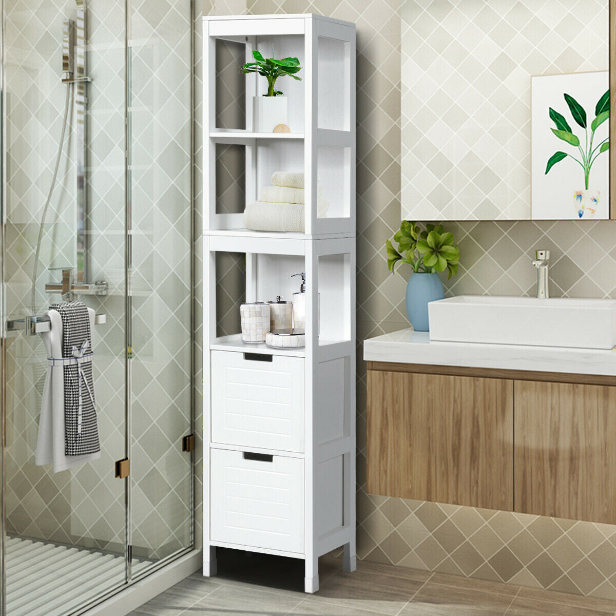 5-Tier Multifunctional Bathroom Floor Cabine Storage with 2 Drawers, White Floor Cabinets at Gallery Canada