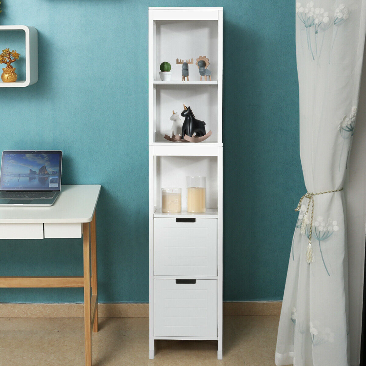 5-Tier Multifunctional Bathroom Floor Cabine Storage with 2 Drawers, White Floor Cabinets at Gallery Canada