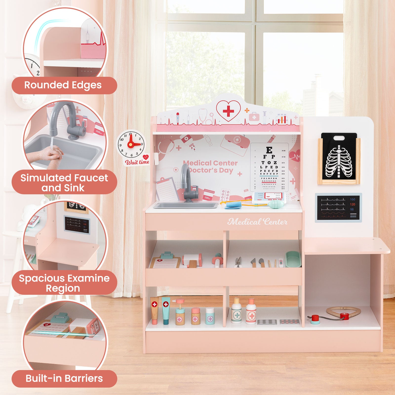 Wooden Doctor Playset with Stethoscope for Toddlers over 3 Years Old, Pink Play Kitchen Sets at Gallery Canada