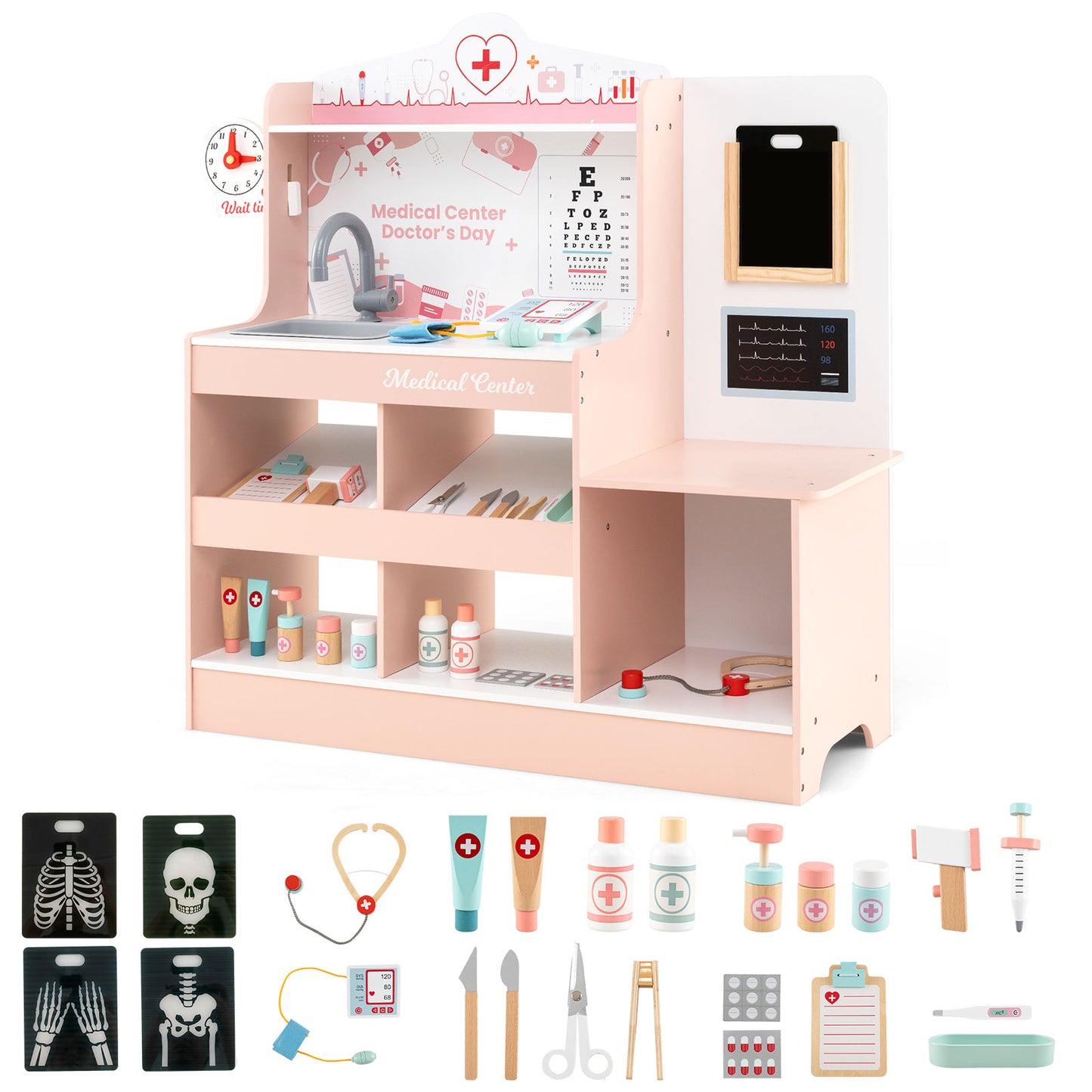 Wooden Doctor Playset with Stethoscope for Toddlers over 3 Years Old, Pink Play Kitchen Sets Pink at Gallery Canada