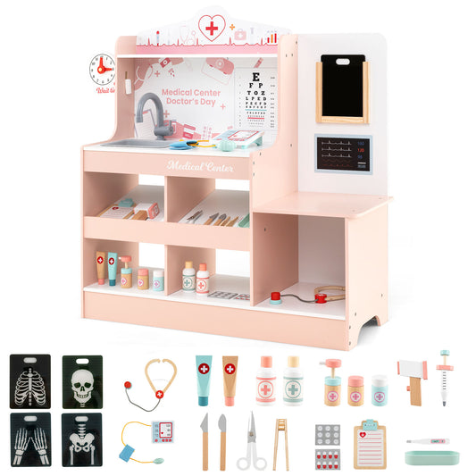 Wooden Doctor Playset with Stethoscope for Toddlers over 3 Years Old, Pink Play Kitchen Sets Pink at Gallery Canada