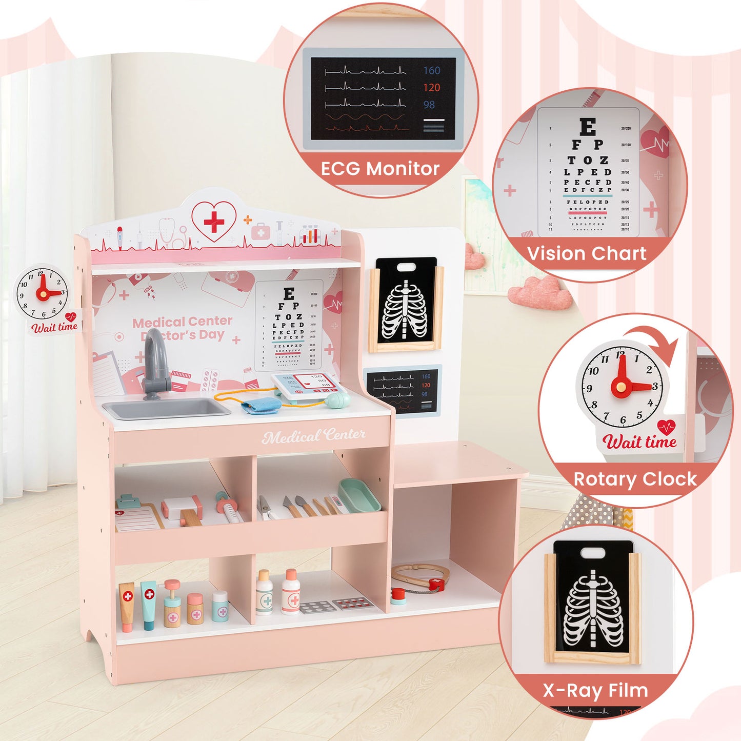 Wooden Doctor Playset with Stethoscope for Toddlers over 3 Years Old, Pink Play Kitchen Sets at Gallery Canada