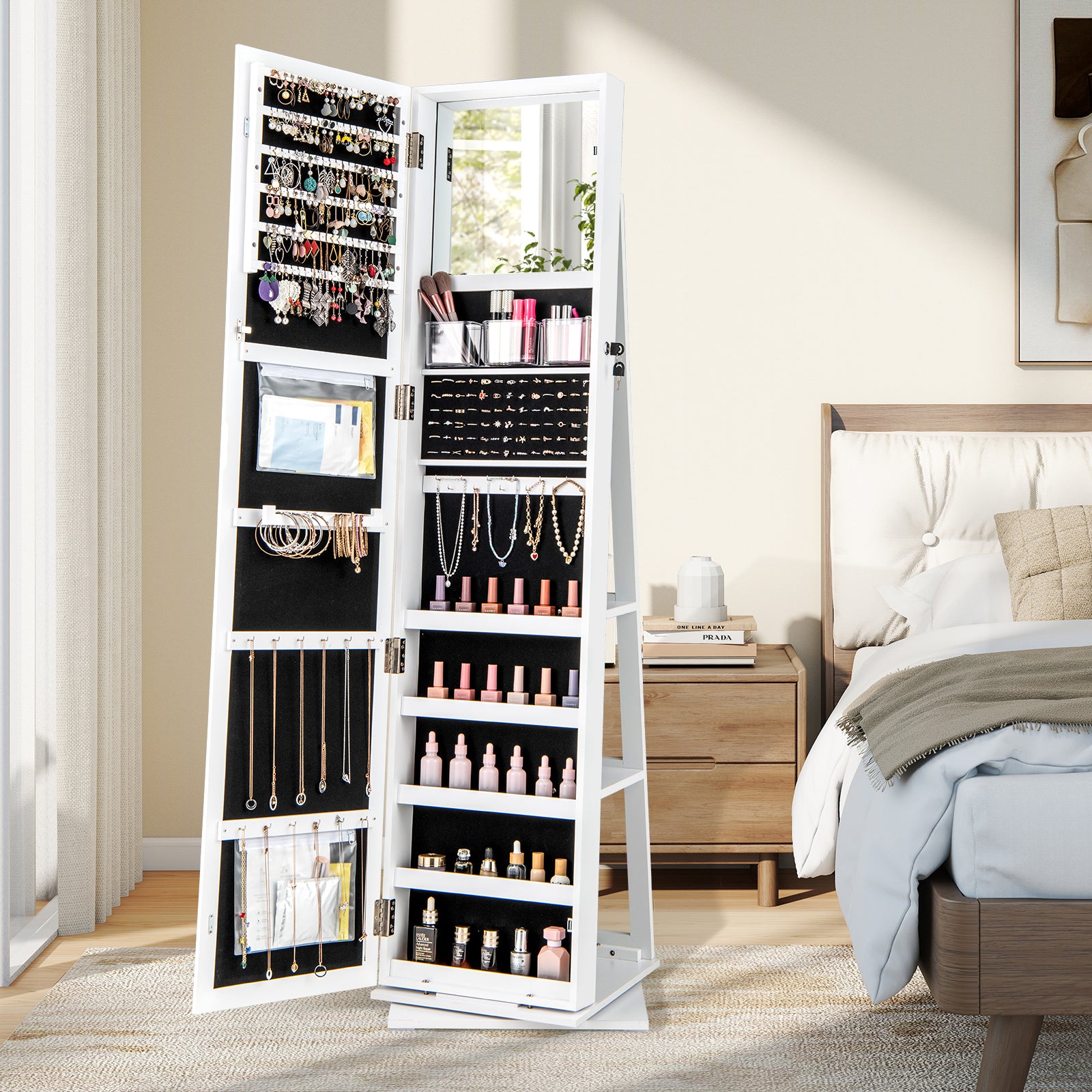 360° Swivel Jewelry Armoire Organizer, Full Length Mirror, White Jewelry Armoires at Gallery Canada