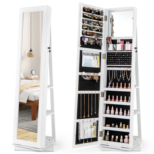 360° Swivel Jewelry Armoire Organizer, Full Length Mirror, White