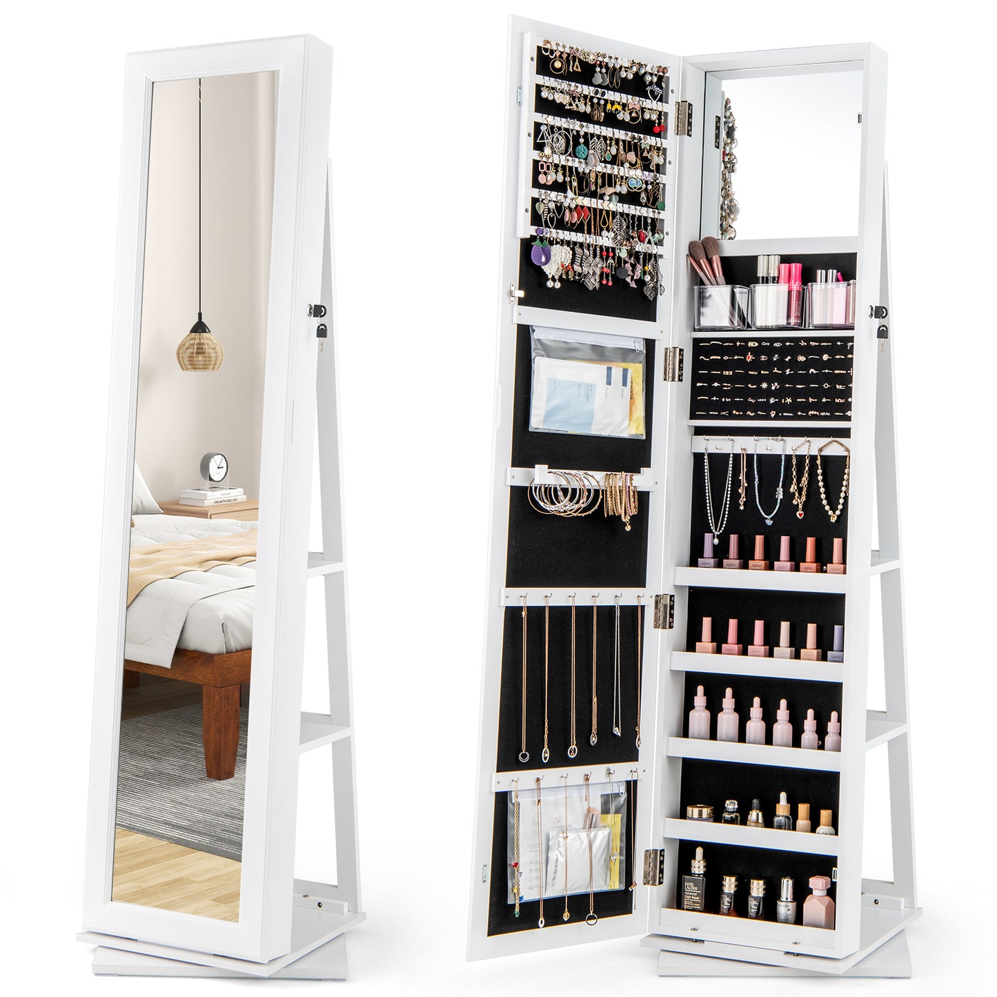 360° Swivel Jewelry Armoire Organizer, Full Length Mirror, White Jewelry Armoires White at Gallery Canada