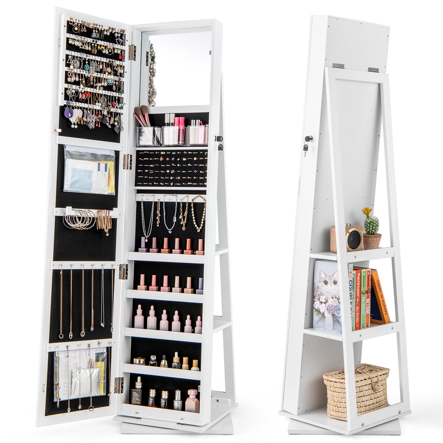 360° Swivel Jewelry Armoire Organizer, Full Length Mirror, White Jewelry Armoires at Gallery Canada